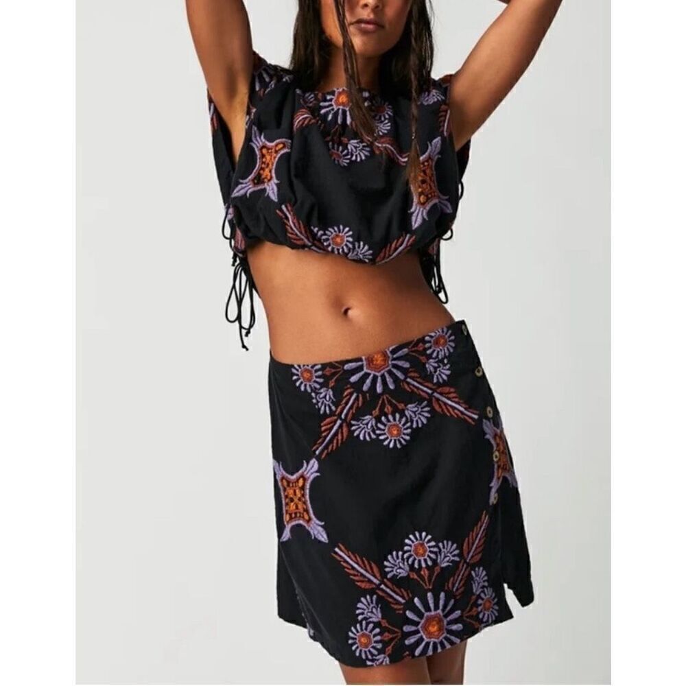 Free People NWOT Sardinia Sun Mini Dress in Black Combo Embroidered size 6